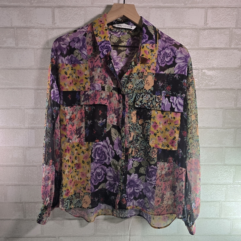 Zara Colorful Sheer Floral Patchwork Blouse Open Back Button Down Med